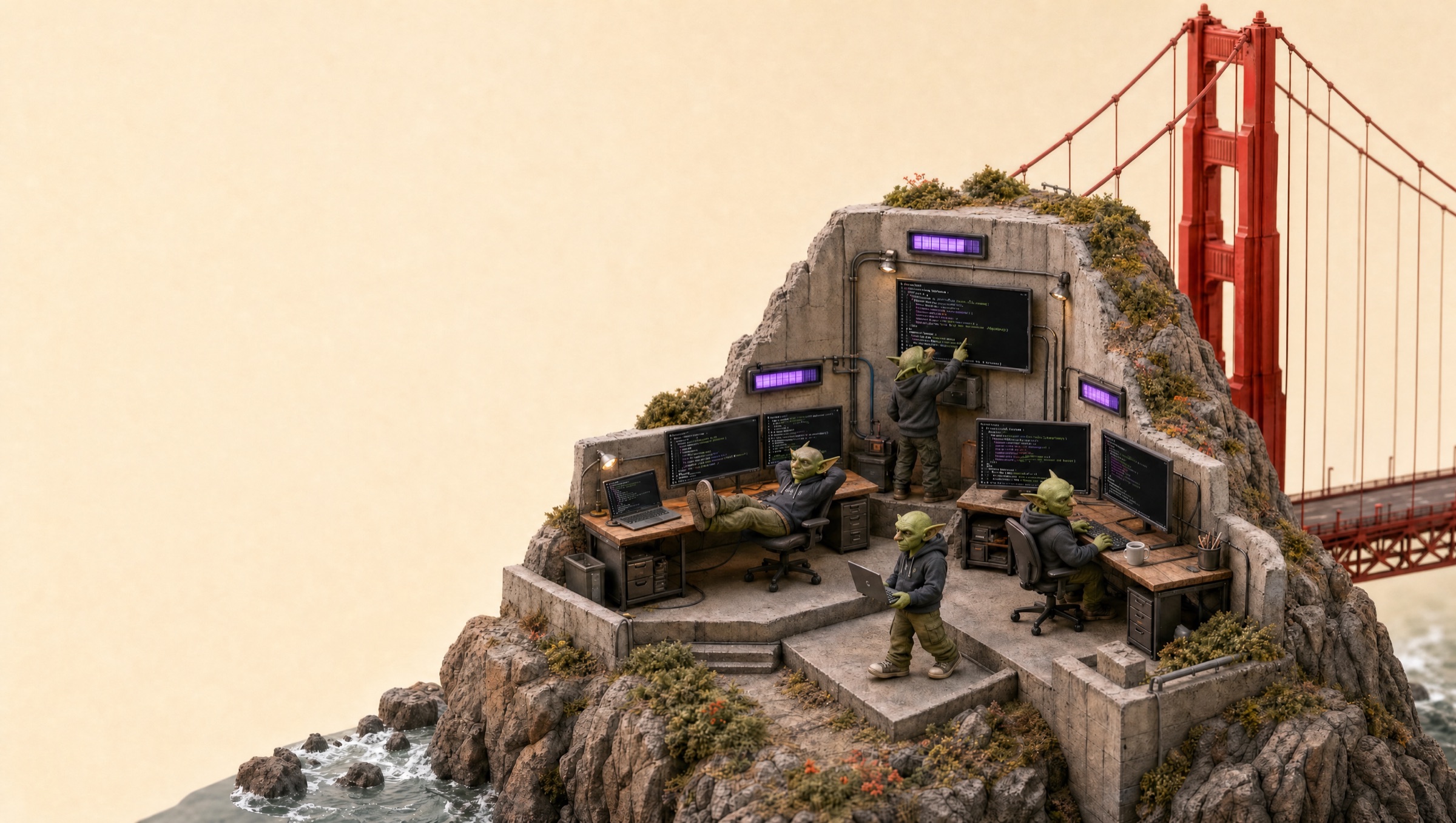 A miniature goblin dev team coding at their desks in a bunker on a rock beside the Golden Gate Bridge